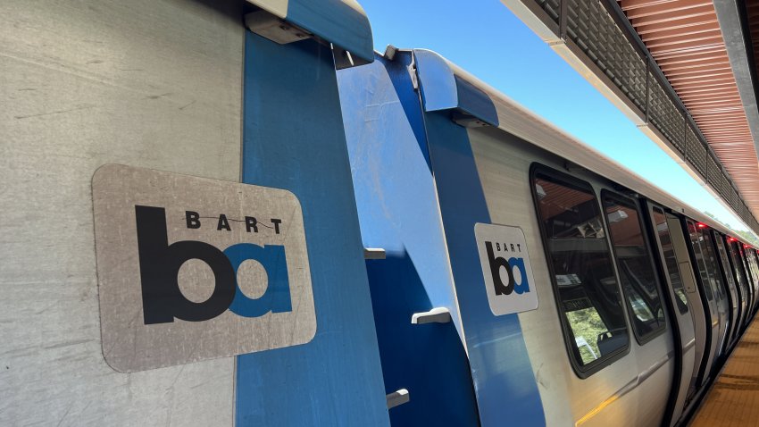 Close-up of a BART train car at the station platform, with logo visible and clear sky, Lafayette, California, August 20, 2024. (Photo by Smith Collection/Gado/Getty Images)