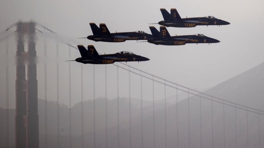 F/A-18 Super Hornets belonging to the U.S. Navy Flight Demonstration Squadron, the Blue Angels, fly in formation during a practice flight ahead of San Francisco Fleet Week, as seen from the Fairmont Hotel, in San Francisco, Thursday, Oct. 10, 2024. (Photo by Stephen Lam/San Francisco Chronicle via Getty Images)