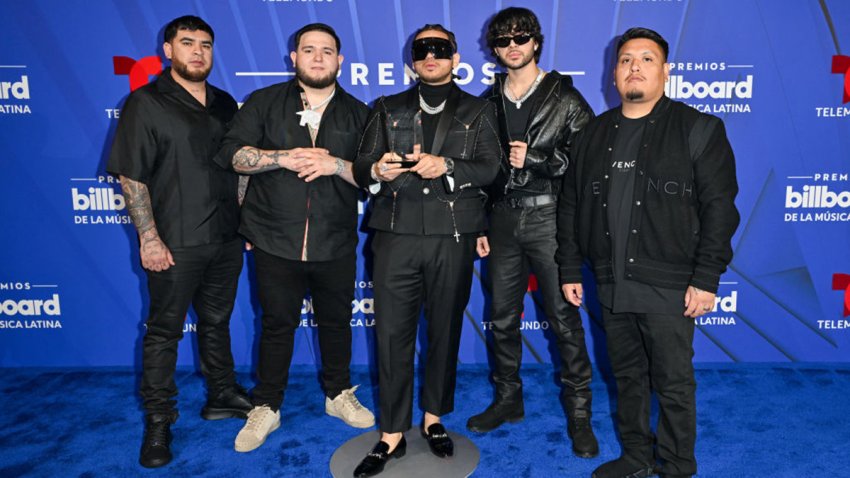 In this image released on October 20, 2024, José “Pelón” García, Khrystian Ramos, JOP, Moises Lopez, Samuel Jaimez at the Billboard Latin Music Awards 2024 Press Room at Mediapro Studio on October 17, 2024 in Miami Beach, Florida. (Photo by Gustavo Caballero/Billboard via Getty Images)