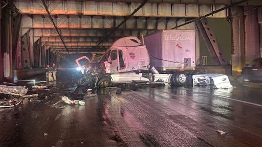 A jackknifed big-rig blocks a portion of eastbound Interstate 80 in San Francisco.