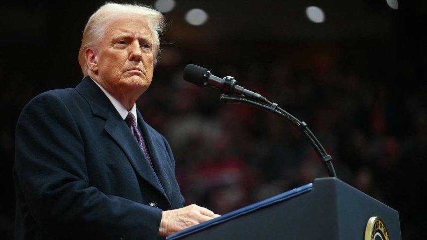 US President Donald Trump speaks during the inaugural parade inside Capital One Arena, in Washington, DC, on Jan. 20, 2025. 