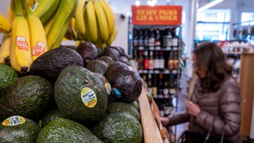 Avocados and bananas from Mexico at grocery store in San Francisco, California, US, on Thursday, Jan. 30, 2025. Prices for avocados, the main ingredient in guacamole, have been on the rise and more pressure is coming on Feb. 1 with President Trump expected to enact 25% tariffs on imports from Mexico, which produces 90% of the avocados Americans consume. Photographer: David Paul Morris/Bloomberg via Getty Images