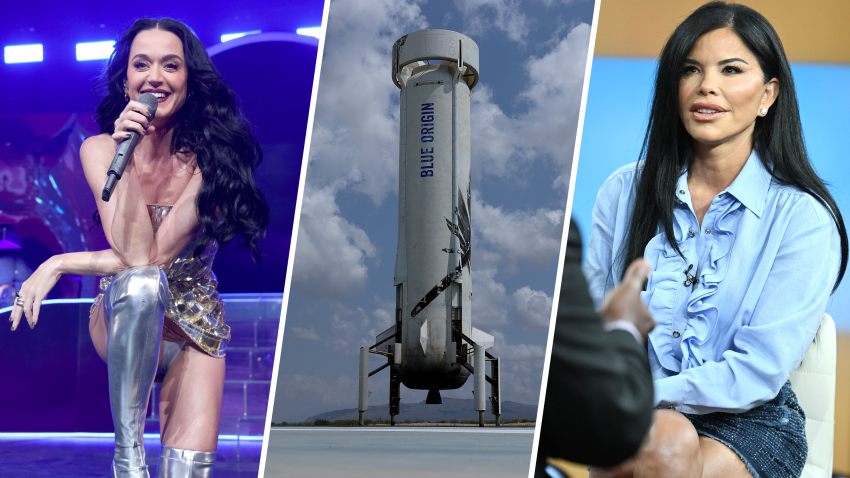 Foto de un cohete de Blue Origin, Katy Perry y Lauren Sánchez.