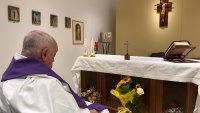 ROME, ITALY – MARCH 16: Pope Francis prays at his private chapel of the ‘Gemelli’ hospital on March 16, 2025 in Rome, Italy. Pope Francis was hospitalised in Rome on February 14 with bronchitis, and later developed pneumonia in both his lungs. The Holy See Press Office released a photo of Pope Francis in prayer after having concelebrated the Eucharist on Sunday morning. This is the first photo since his hospitalization on 14 February. Pope Francis’ medical condition remains stable and his respiratory therapy and physiotherapy continue. (Photo by Holy See Press Office via Vatican Pool/Getty Images)