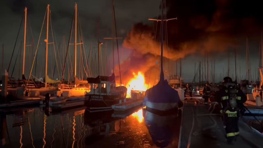 A fire burns at least two vessels at an Alameda harbor Wednesday morning. (March 26, 2025)