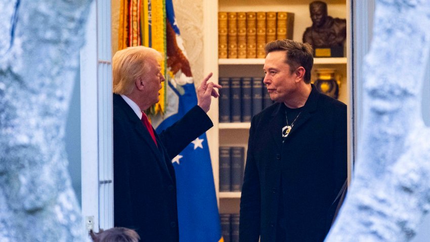 US President Donald Trump and Elon Musk (R) speak before departing the White House on his way to his South Florida home in Mar-a-Lago in Florida on March 14, 2025. Trump is spending the weekend at his Florida Mar-a-Lago resort. (Photo by ROBERTO SCHMIDT / AFP) (Photo by ROBERTO SCHMIDT/AFP via Getty Images)