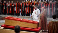 File. The body of Pope Francis lies in state at the Basilica St Peter on April 23, 2025 in Vatican City, Vatican.