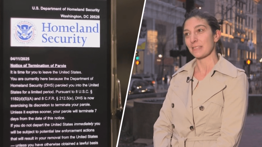 At left, a DHS parole termination notice email that was sent to Massachusetts immigration attorney Nicole Micheroni, seen at right.