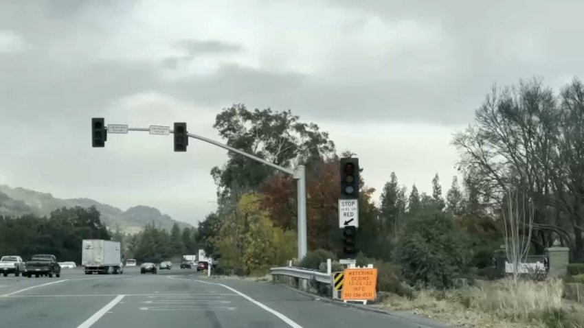 Onramp metering lights along Highway 101 in San Mateo County.