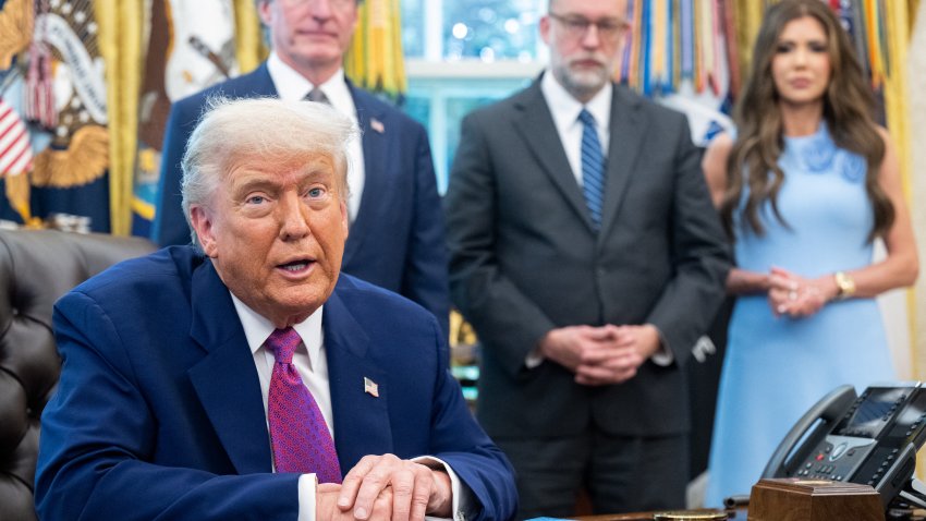 US President Donald Trump speaks about the upcoming wildfire and hurricane seasons, alongside Secretary of the Interior Doug Burgum (L), OMB Director Russell Vought (C) and Secretary of Homeland Security Kristi Noem (R) in the Oval Office of the White House in Washington, DC, on June 10, 2025. (Photo by SAUL LOEB / AFP) (Photo by SAUL LOEB/AFP via Getty Images)