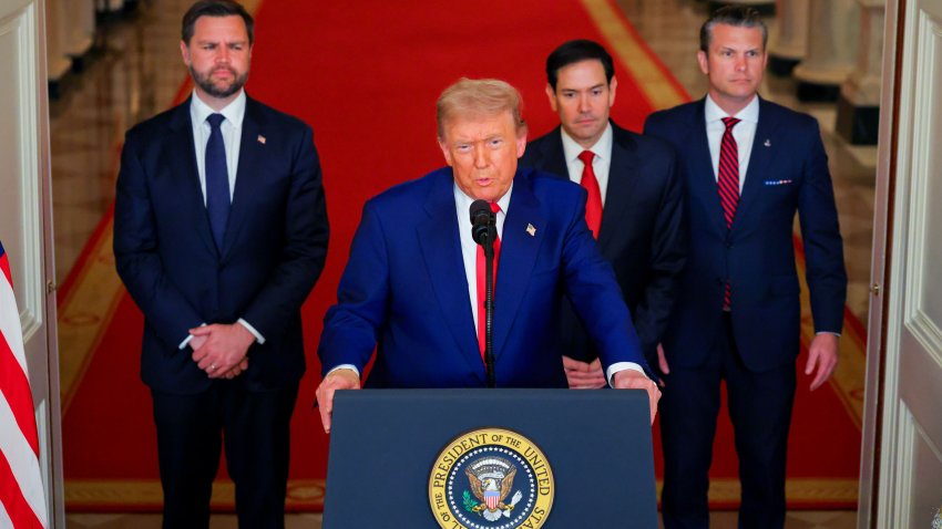 US Vice President JD Vance, from left, US President Donald Trump, Marco Rubio, US secretary of state, and Pete Hegseth, US secretary of defense, during an address to the nation in the East Room of the White House in Washington, DC, US, on Saturday, June 21, 2025. Trump said the US military struck three sites in Iran on Saturday, marking the first American involvement in direct attacks against Iranian nuclear assets in its conflict with Israel. Photographer: Carlos Barria/Reuters/Bloomberg via Getty Images