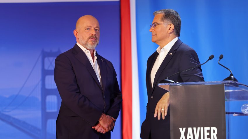 Steve Hilton, left, and Xavier Becerra speak April 28, 2026.