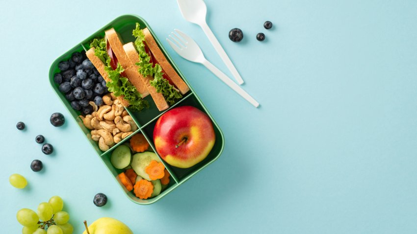 An appealing and health-conscious school lunch scene captured from above. The lunchbox features delectable sandwiches and fresh snacks on a blue background, offering copyspace for text or advertising