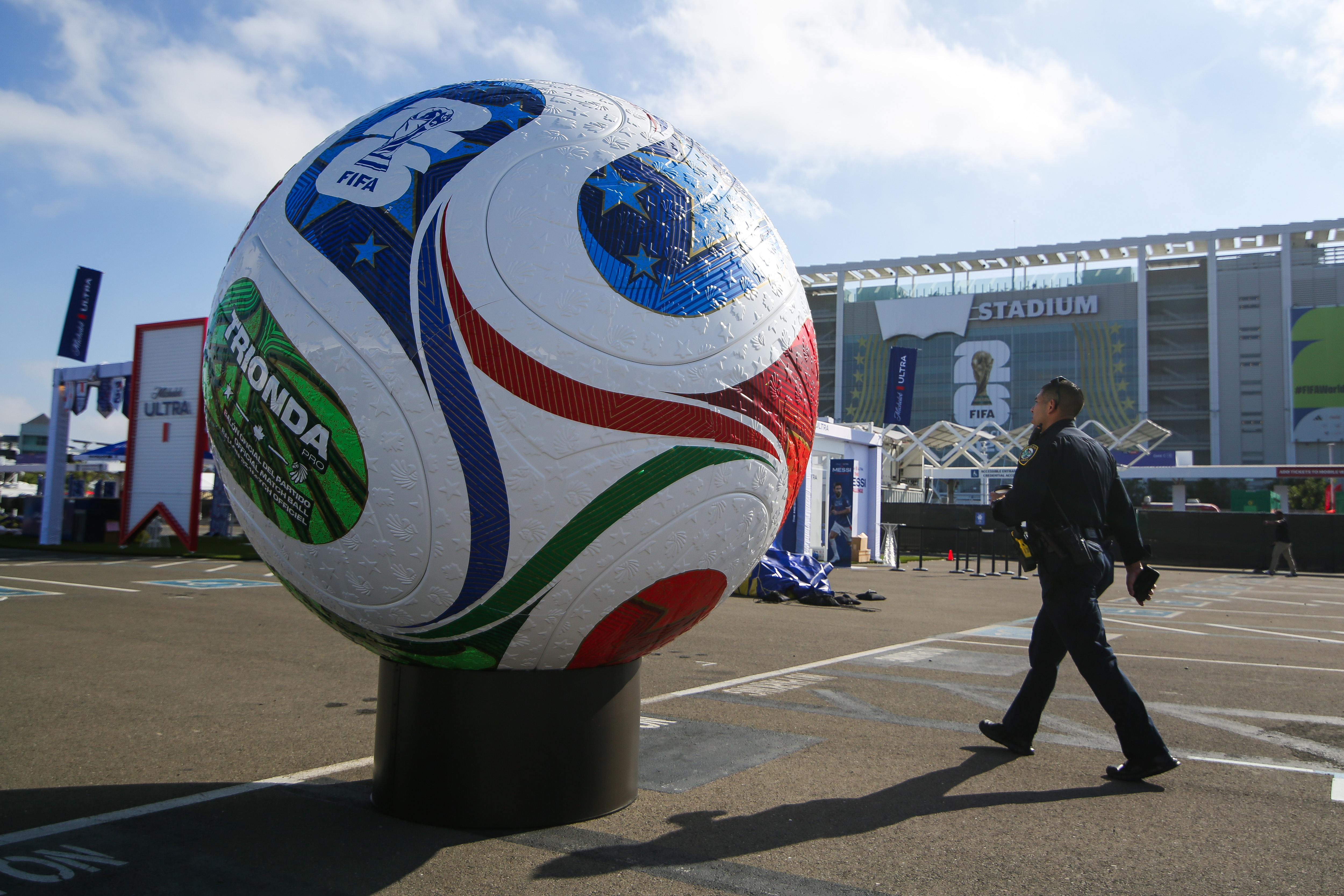 A general view of a soccer ball outside San Francisco Bay Area Stadium.