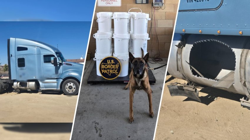 Loki the Border Patrol K9 is seen with items seized from a big rig fuel tank Sept. 29, 2026 in Southern California.